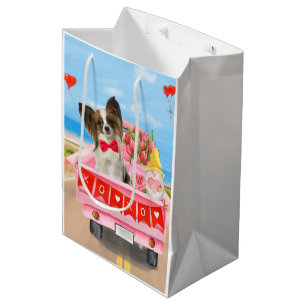 Papillon Dog Valentine's Day Truck Hearts Medium Gift Bag
