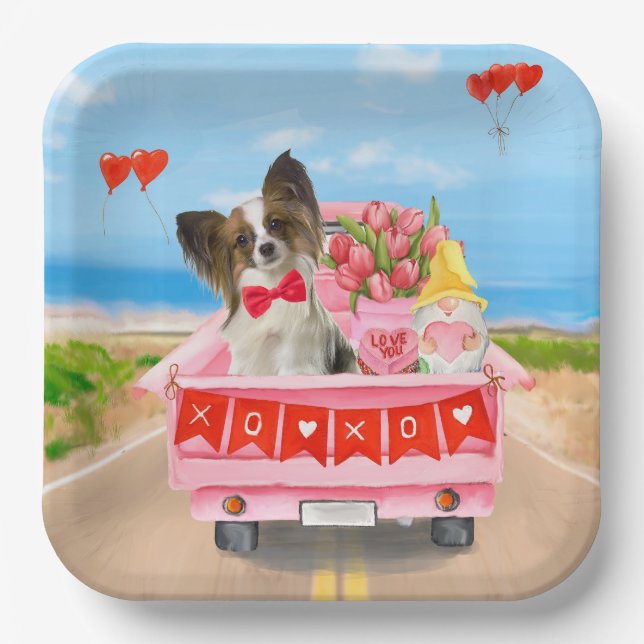Papillon Dog Valentine's Day Truck Hearts Paper Plates (Front)