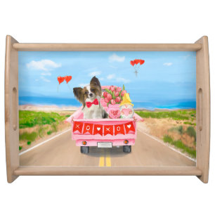 Papillon Dog Valentine's Day Truck Hearts Serving Tray