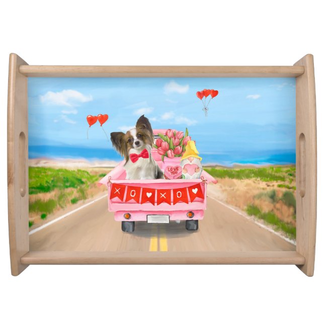 Papillon Dog Valentine's Day Truck Hearts Serving Tray (Front)