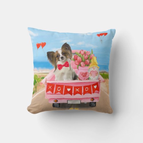 Papillon Dog Valentines Day Truck Hearts Throw Pillow