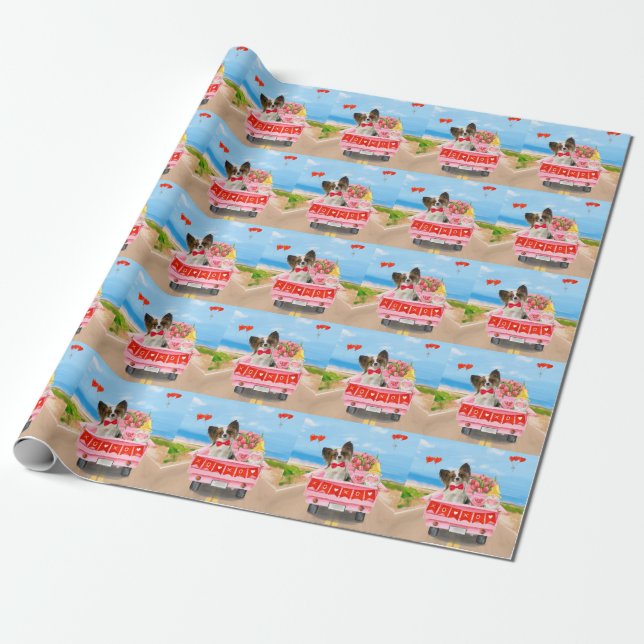 Papillon Dog Valentine's Day Truck Hearts Wrapping Paper (Unrolled)