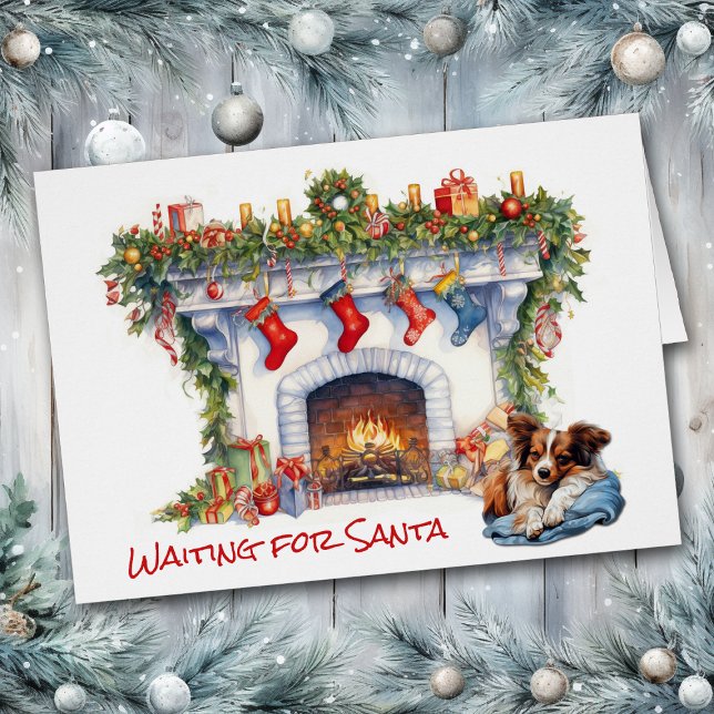 Papillon Dog Wait for Santa Christmas Fireplace Cards (Creator Uploaded)