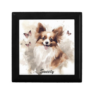 Papillon Dog, Watercolor Art, Custom Name Gift Box