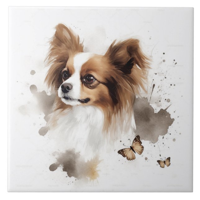Papillon Dog Watercolor with butterflies Ceramic Tile (Front)