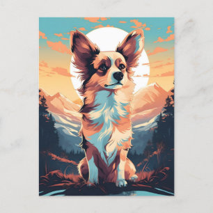 Papillon dog winter mountain forest during sunset postcard