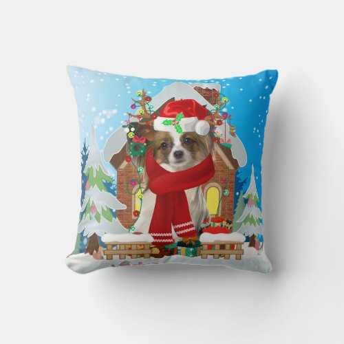 Papillon dog with Christmas gifts Throw Pillow