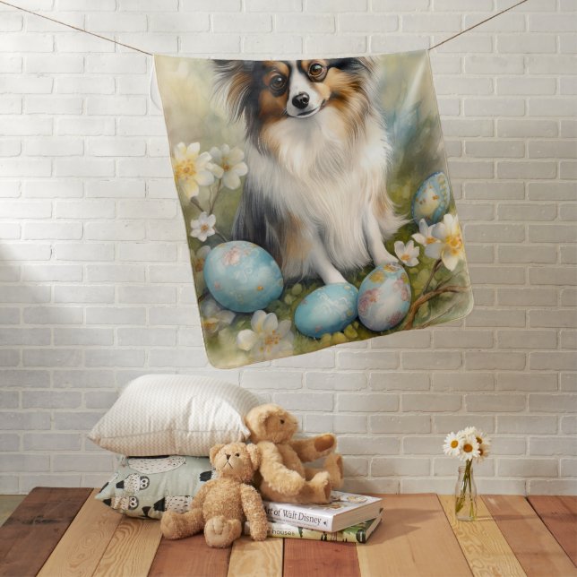 Papillon Dog with Easter Eggs Holiday Baby Blanket (In Situ)