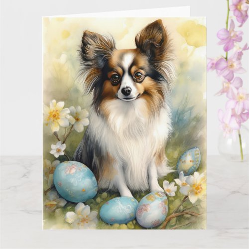 Papillon Dog with Easter Eggs Holiday Card