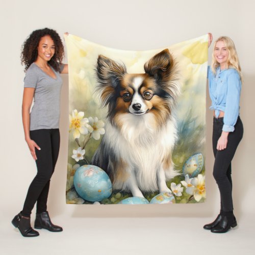 Papillon Dog with Easter Eggs Holiday Fleece Blanket