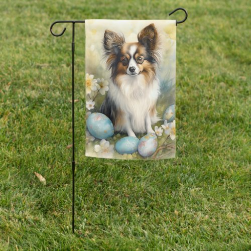 Papillon Dog with Easter Eggs Holiday Garden Flag