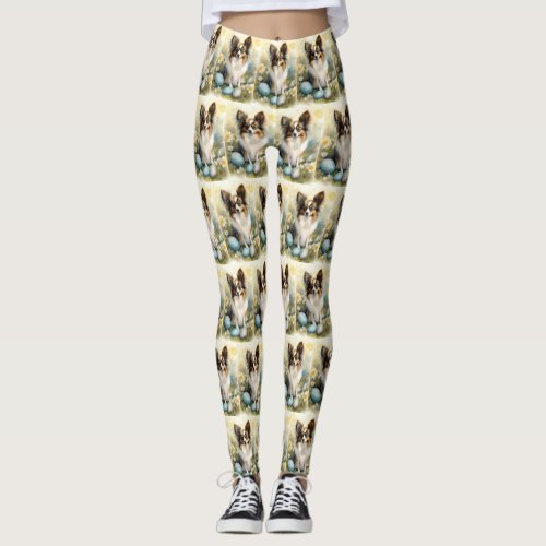 Papillon Dog with Easter Eggs Holiday Leggings