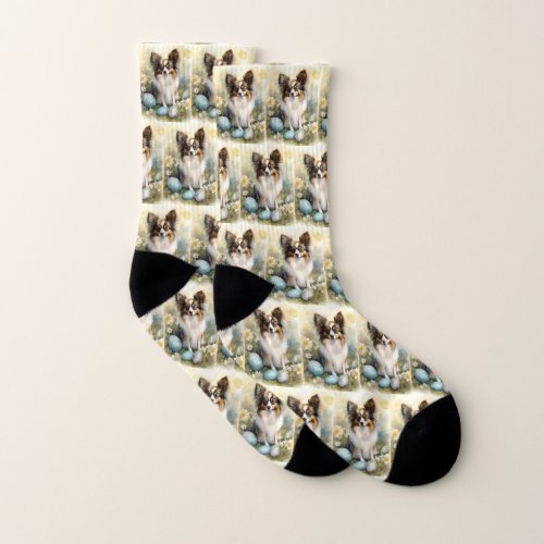 Papillon Dog with Easter Eggs Holiday Socks