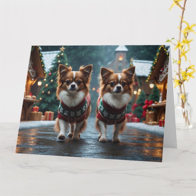 Papillon Dogs Christmas Snow Holiday Card (Yellow Flower)