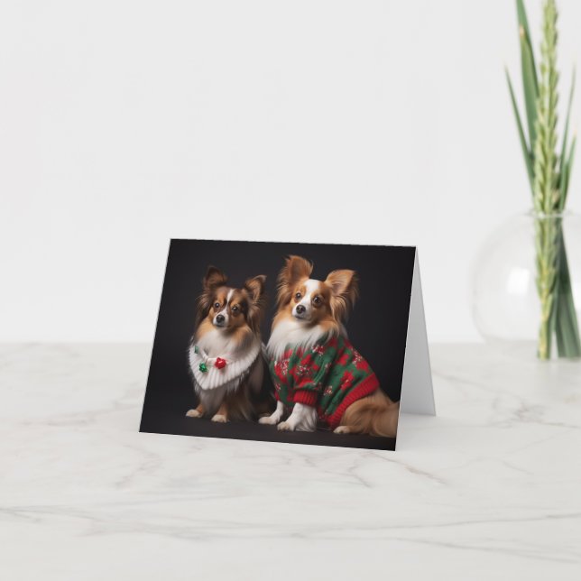 Papillon Dogs in Christmas Sweaters Card (Front)