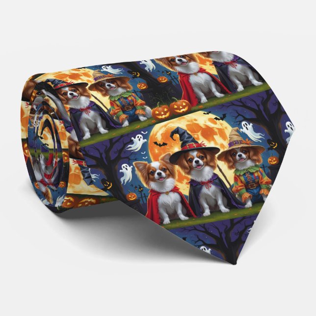 Papillon Dogs Pumpkin Halloween Funny  Neck Tie (Rolled)