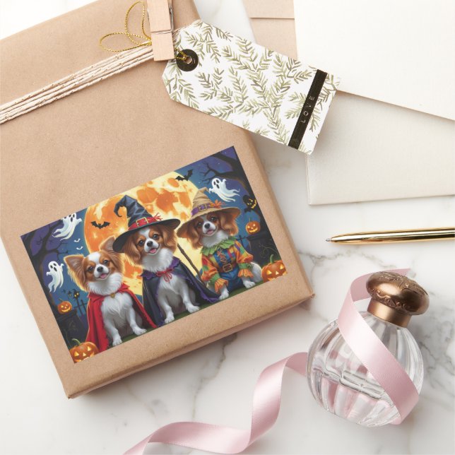 Papillon Dogs Pumpkin Halloween Funny  Rectangular Sticker (Gifting)