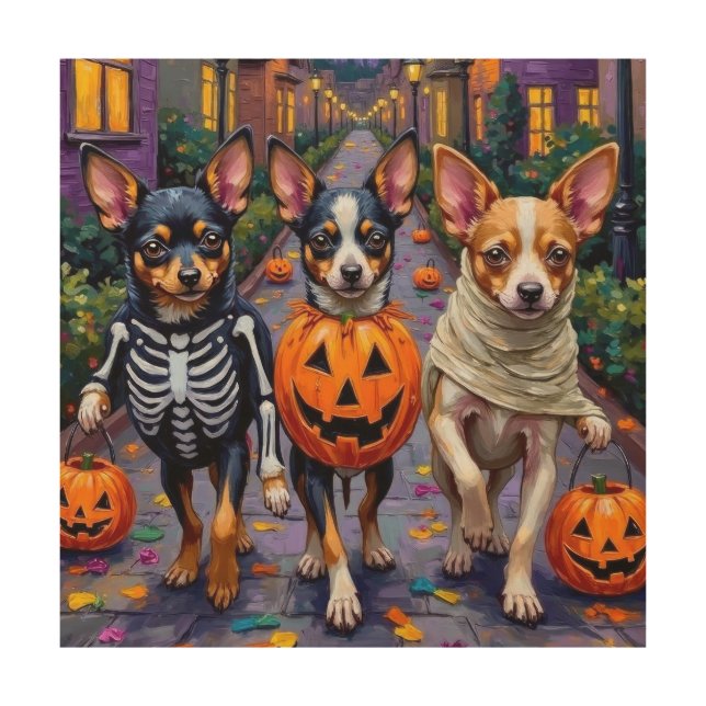 Papillon Dogs Trick-or-Treating Halloween Costumes Wood Wall Art (Front)
