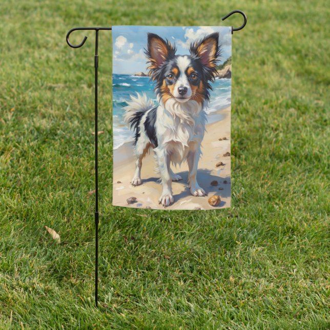 Papillon Elegant Beach Dog Art Garden Flag (In SItu)