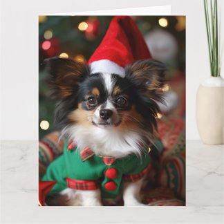 Papillon Elf Puppy Christmas Card