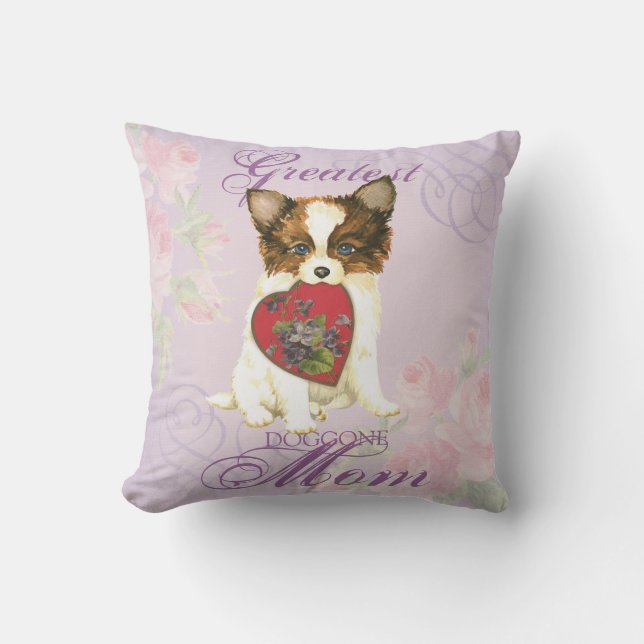 Papillon Heart Mom Throw Pillow (Front)
