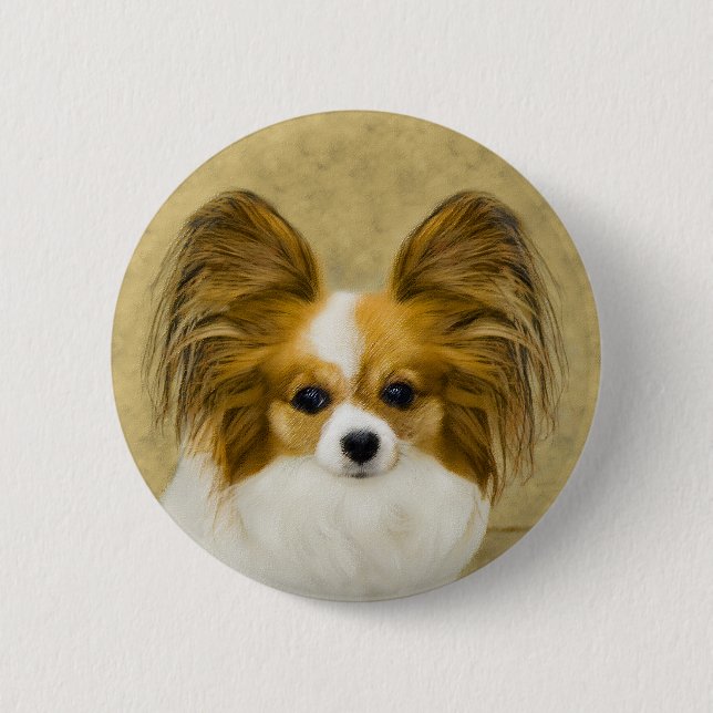 Papillon (Hound Tri) Painting - Original Dog Art Button (Front)