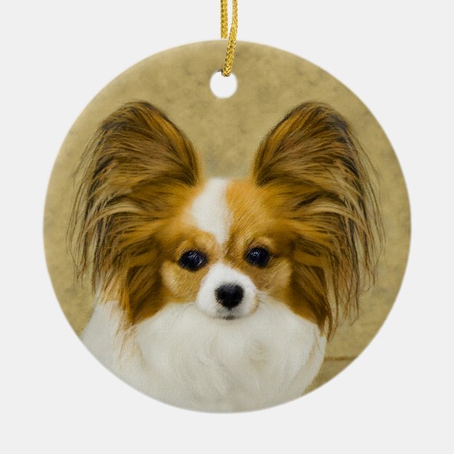 Papillon (Hound Tri) Painting - Original Dog Art Ceramic Ornament (Front)