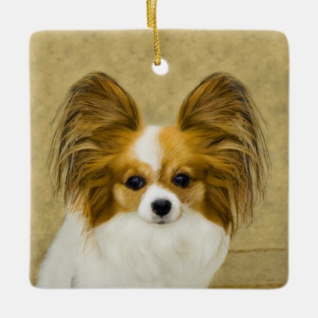 Papillon (Hound Tri) Painting - Original Dog Art Ceramic Ornament (Front)