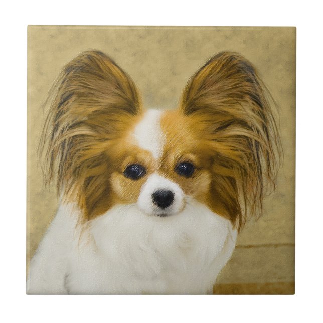 Papillon (Hound Tri) Painting - Original Dog Art Ceramic Tile (Front)