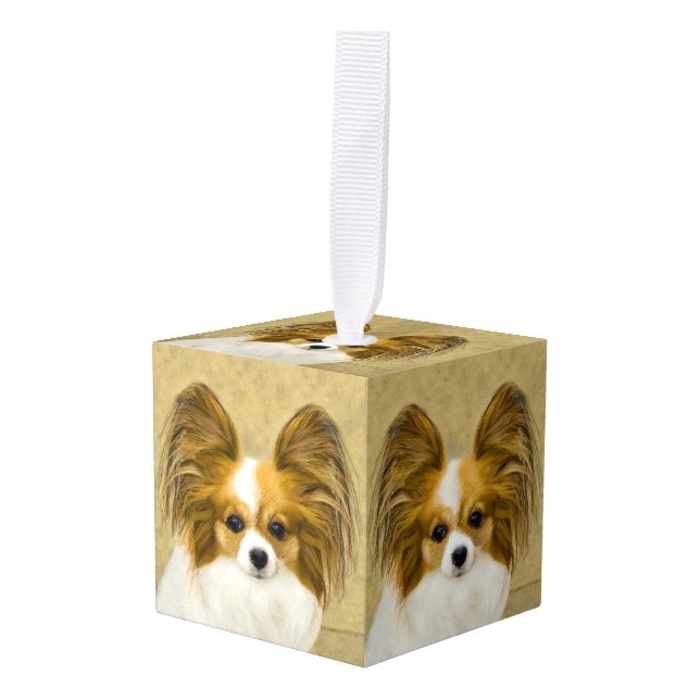 Papillon (Hound Tri) Painting - Original Dog Art Cube Ornament (Front Angled)