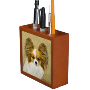 Papillon (Hound Tri) Painting - Original Dog Art Desk Organizer