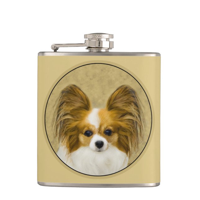 Papillon (Hound Tri) Painting - Original Dog Art Flask (Front)
