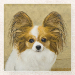 Papillon (Hound Tri) Painting - Original Dog Art Glass Coaster