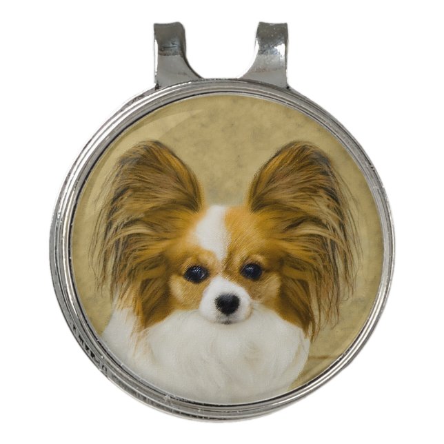 Papillon (Hound Tri) Painting - Original Dog Art Golf Hat Clip (Front)