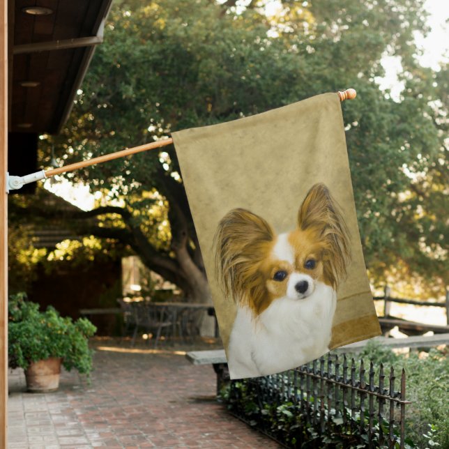 Papillon (Hound Tri) Painting - Original Dog Art House Flag (In SItu)