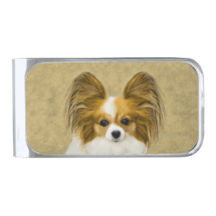 Papillon (Hound Tri) Painting - Original Dog Art Silver Finish Money Clip