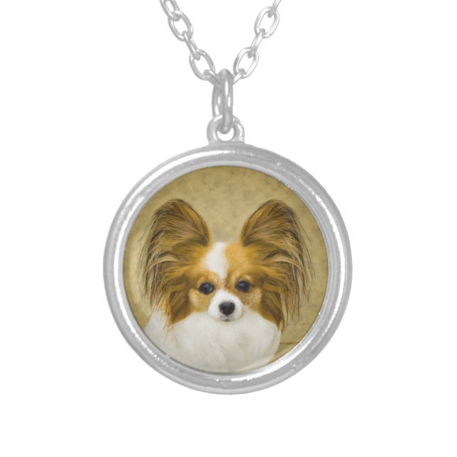Papillon (Hound Tri) Painting - Original Dog Art Silver Plated Necklace (Front)