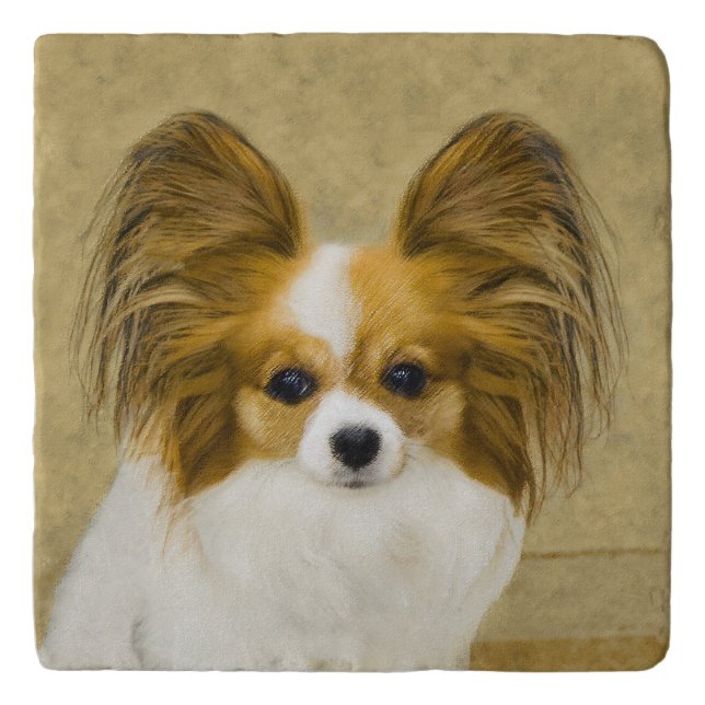 Papillon (Hound Tri) Painting - Original Dog Art Trivet (Front)