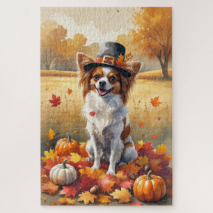 Papillon In Autumn Leaves Thanksgiving Art Jigsaw Puzzle