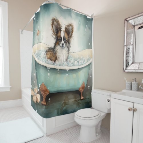 Papillon In Bathtub Watercolor Dog Art Shower Shower Curtain