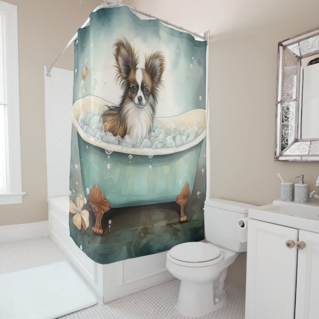 Papillon In Bathtub Watercolor Dog Art Shower Shower Curtain (In Situ)