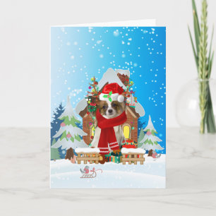  Papillon in snow with Christmas gifts  Card