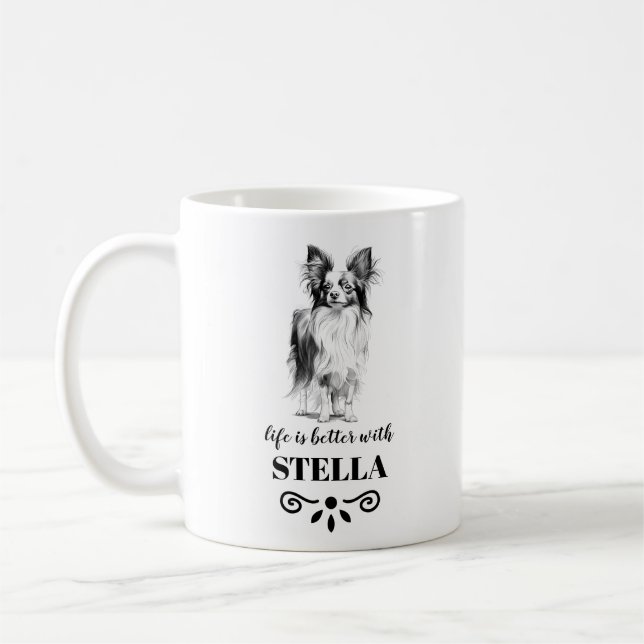 Papillon Life is better with Custom Dog Name Coffee Mug (Left)