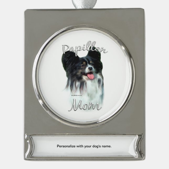 Papillon Mom 2 Silver Plated Banner Ornament (Front)