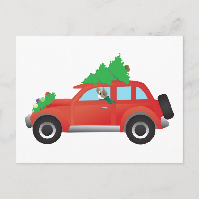 Papillon or Long-haired Chi driving Christmas car Holiday Postcard (Front)