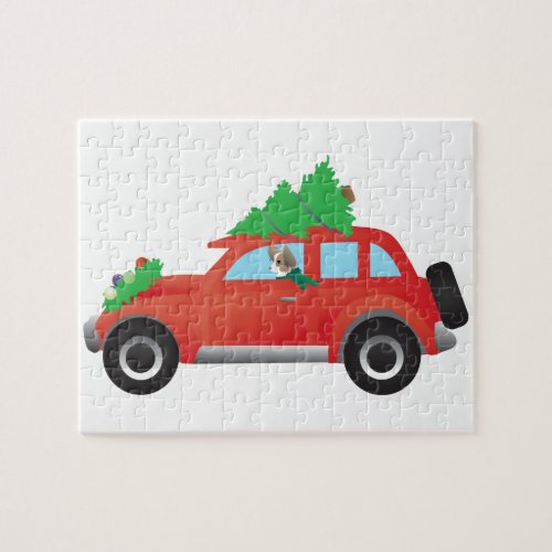 Papillon or Long_haired Chi driving Christmas car Jigsaw Puzzle