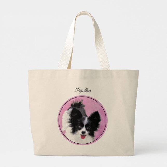 Papillon Painting Black and White Original Dog Art Large Tote Bag (Back)