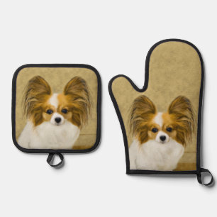 Papillon Painting Lemon and White Original Dog Art Oven Mitt & Pot Holder Set