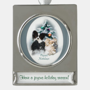 Papillon Personalized Christmas Silver Plated Banner Ornament