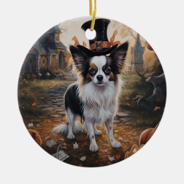 Papillon Pumpkins Halloween Scary  Ceramic Ornament (Front)